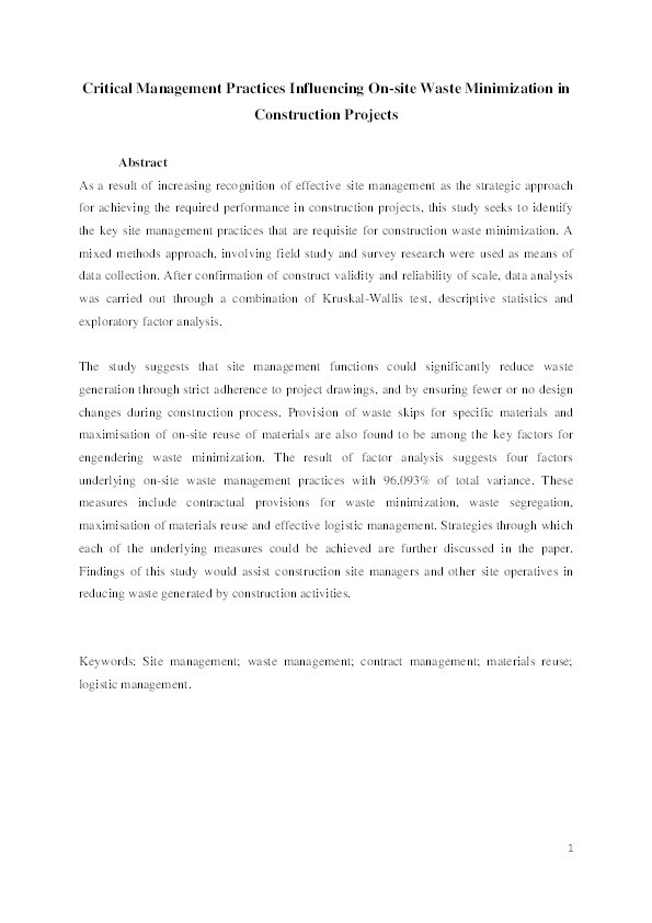 Critical management practices influencing on-site waste minimization in construction projects Thumbnail