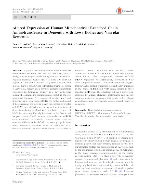 Altered Expression of Human Mitochondrial Branched Chain Aminotransferase in Dementia with Lewy Bodies and Vascular Dementia Thumbnail