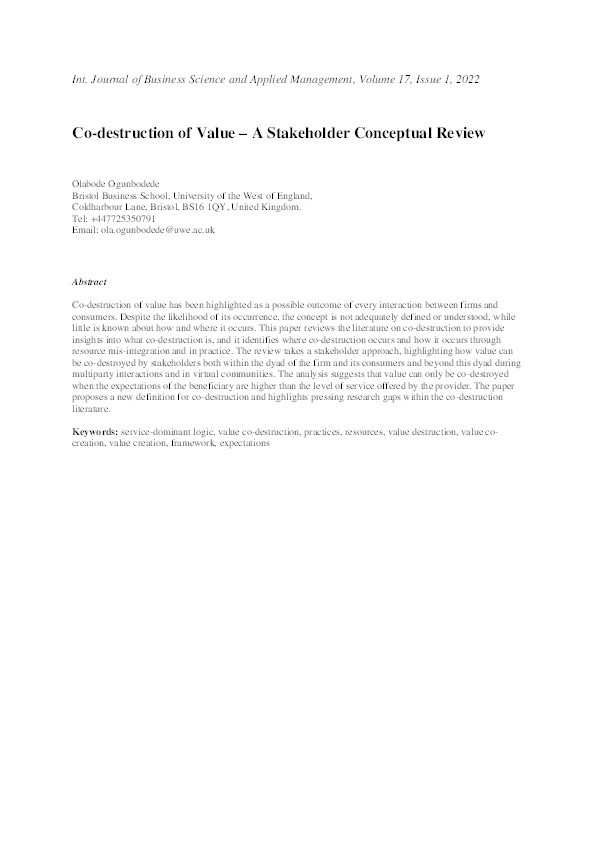 Co-destruction of value – A stakeholder conceptual review Thumbnail