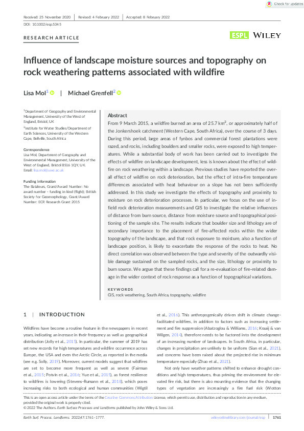 Influence of landscape moisture sources and topography on rock weathering patterns associated with wildfire Thumbnail