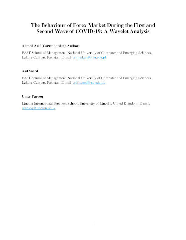 The behaviour of forex market during the first and second wave of COVID-19: A wavelet analysis Thumbnail
