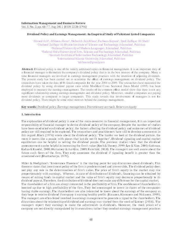 Dividend policy and earnings management: An empirical study of Pakistani listed companies Thumbnail