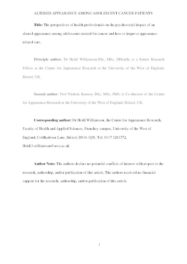 Perspectives of health professionals on the psychosocial impact of an altered appearance among adolescents treated for cancer and how to improve appearance-related care Thumbnail