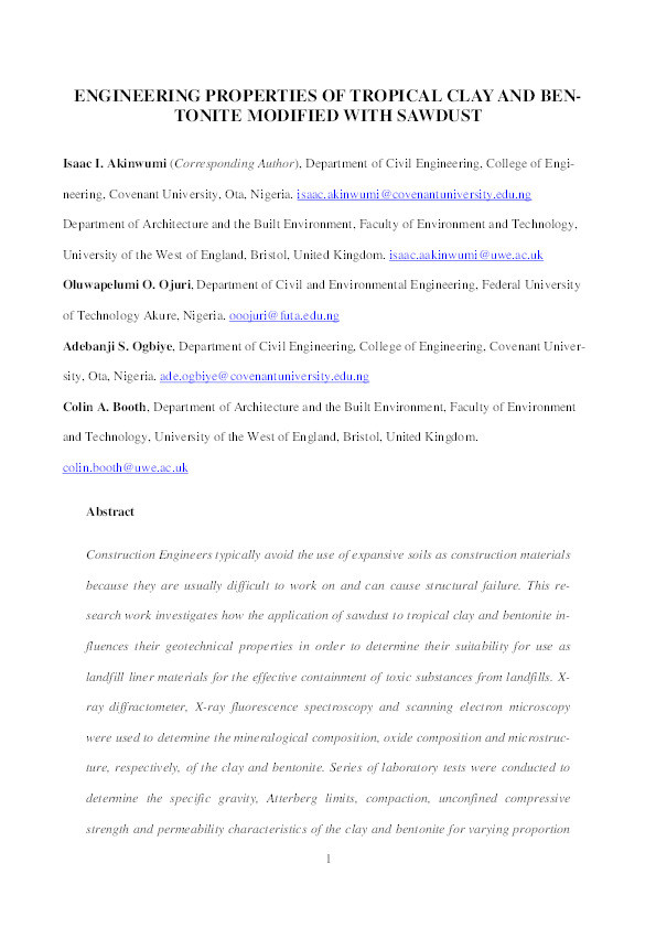 Engineering properties of tropical clay and bentonite modified with sawdust Thumbnail