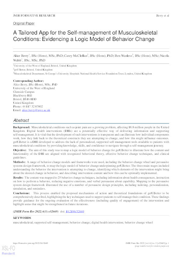 A tailored app for the self-management of musculoskeletal conditions: Evidencing a logic model of behavior change Thumbnail