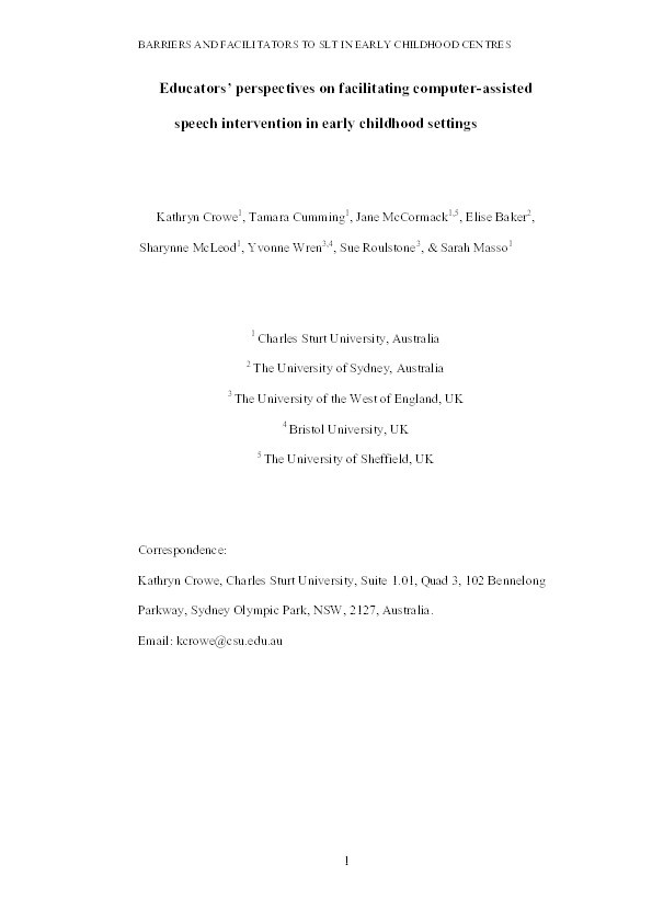 Educators' perspectives on facilitating computer-assisted speech intervention in early childhood settings Thumbnail