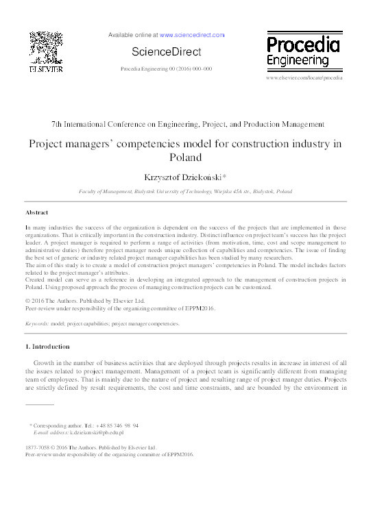 Project Managers' Competencies Model for Construction Industry in Poland Thumbnail