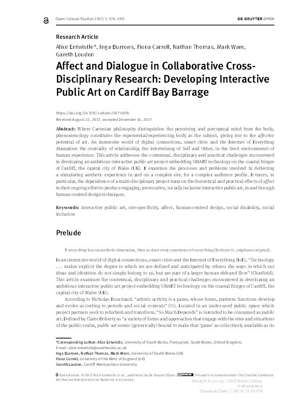 Affect and dialogue in collaborative cross-disciplinary research: Developing interactive public art on Cardiff Bay Barrage Thumbnail