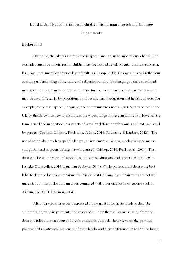 Labels, identity and narratives in children with primary speech and language impairments Thumbnail