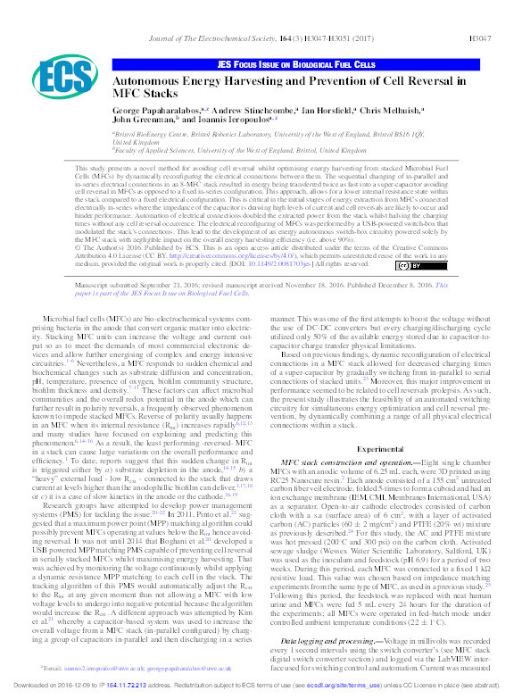 Autonomous energy harvesting and prevention of cell reversal in MFC stacks Thumbnail