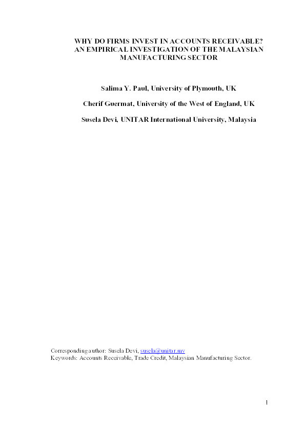 Why do firms invest in accounts receivable? An empirical investigation of the Malaysian manufacturing sector Thumbnail