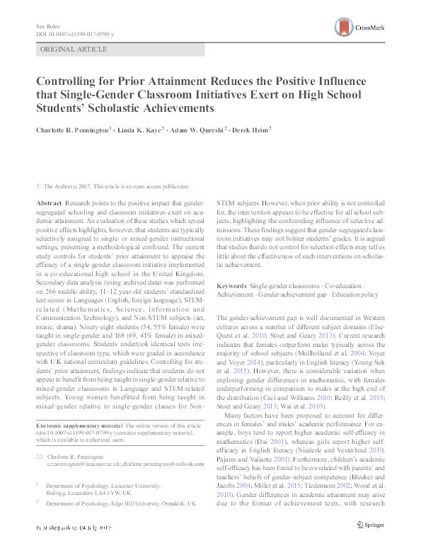 Controlling for Prior Attainment Reduces the Positive Influence that Single-Gender Classroom Initiatives Exert on High School Students’ Scholastic Achievements Thumbnail