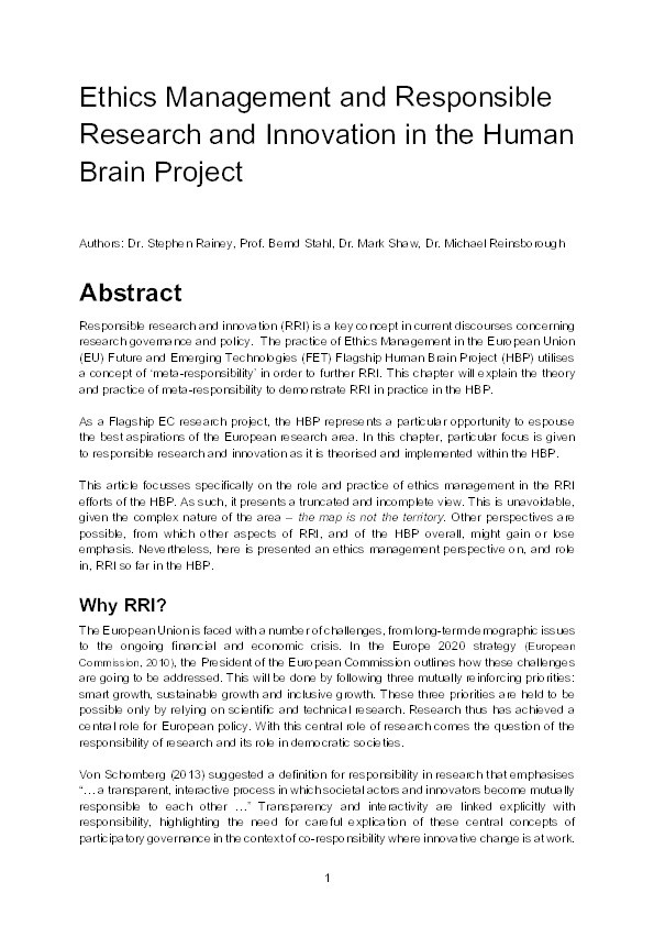 Ethics management and responsible research and innovation in the Human Brain Project Thumbnail