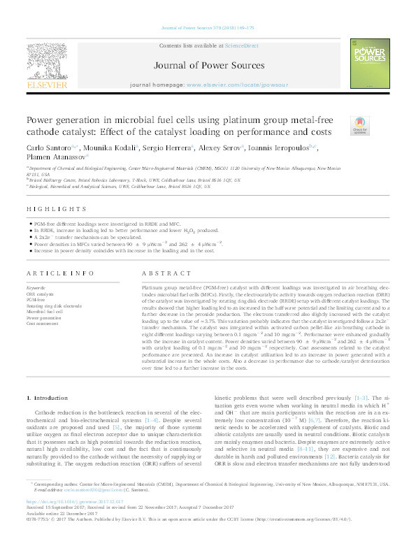 Power generation in microbial fuel cells using platinum group metal-free cathode catalyst: Effect of the catalyst loading on performance and costs Thumbnail