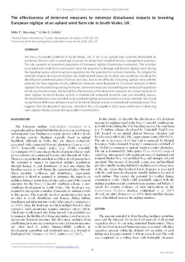 The effectiveness of deterrent measures to minimize disturbance impacts to breeding European nightjar at an upland wind farm site in South Wales, UK Thumbnail