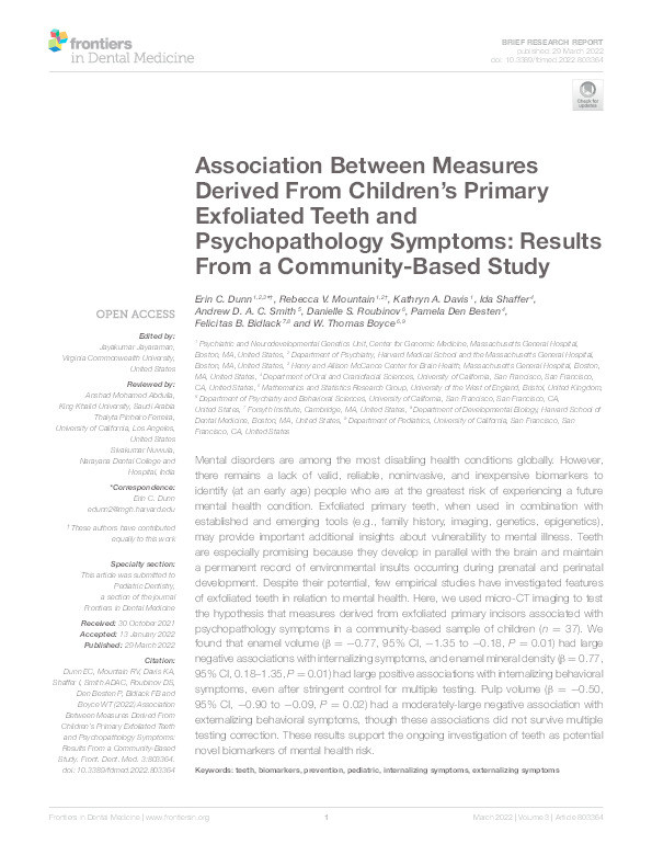 Association between measures derived from children's primary exfoliated teeth and psychopathology symptoms: Results from a community-based study Thumbnail