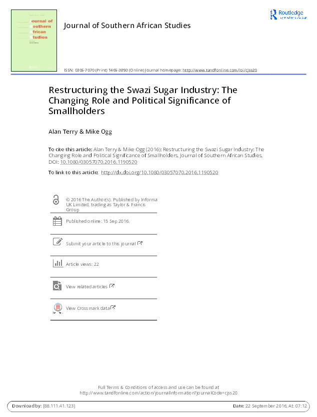 Restructuring the Swazi sugar industry: The changing role and political significance of smallholders Thumbnail