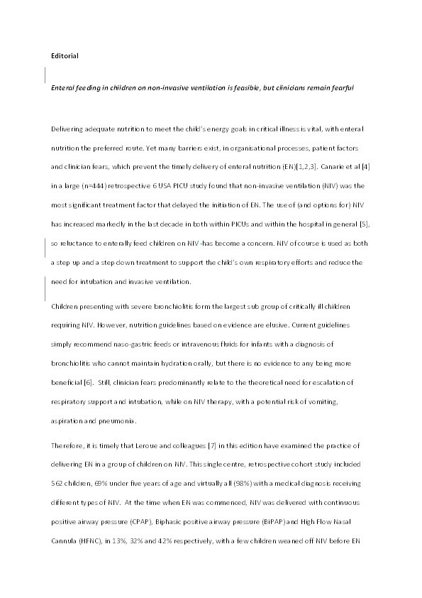 Enteral Feeding in Children on Noninvasive Ventilation Is Feasible, but Clinicians Remain Fearful Thumbnail