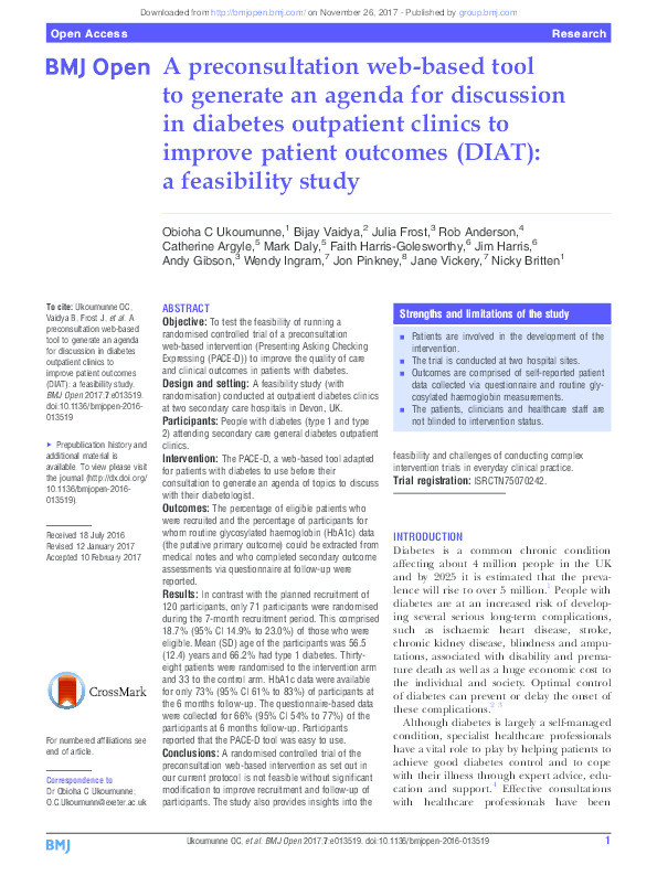 A preconsultation web-based tool to generate an agenda for discussion in diabetes outpatient clinics to improve patient outcomes (DIAT): A feasibility study Thumbnail