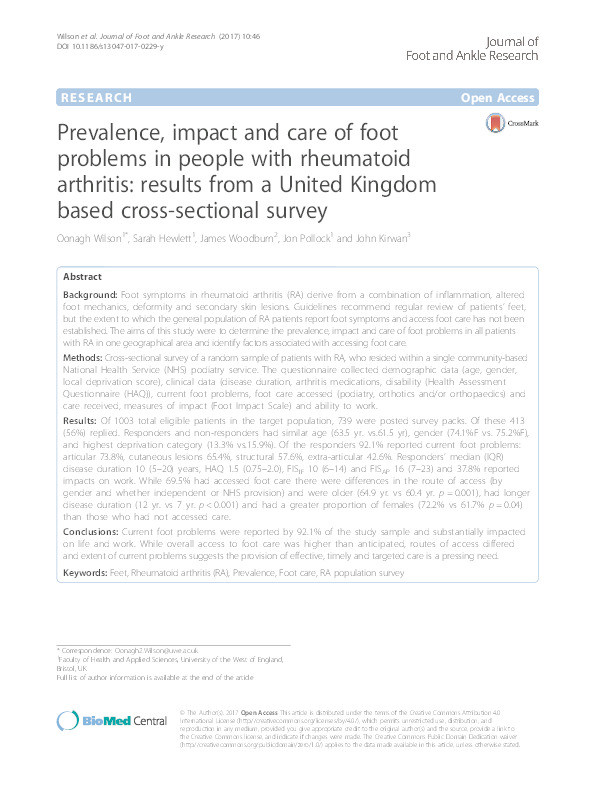 Prevalence, impact and care of foot problems in people with rheumatoid arthritis: Results from a United Kingdom based cross-sectional survey Thumbnail
