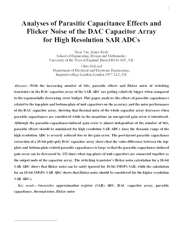 Analyses of parasitic capacitance effects and flicker noise of the DAC capacitor array for high resolution SAR ADCs Thumbnail