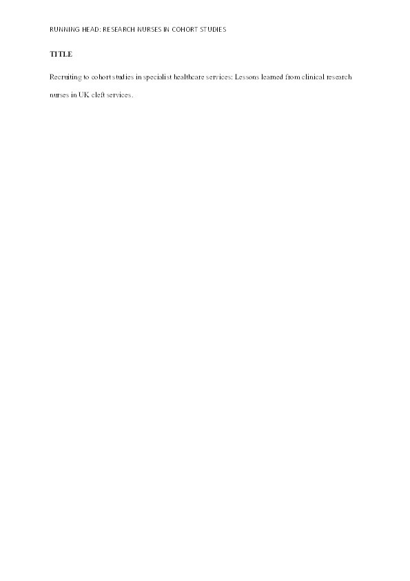 Recruiting to cohort studies in specialist healthcare services: Lessons learned from clinical research nurses in UK cleft services Thumbnail