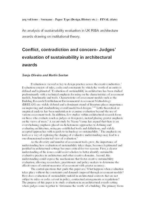 Conflict, contradiction, and concern: Judges' evaluation of sustainability in architectural awards Thumbnail