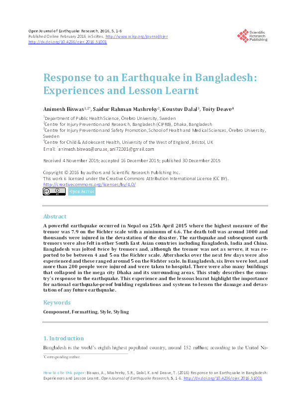 Response to an Earthquake in Bangladesh: Experiences and lessons learnt Thumbnail