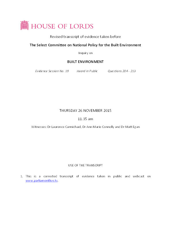 House of Lords: Revised transcript of evidence taken before
The Select Committee on National Policy for the Built Environment Thumbnail