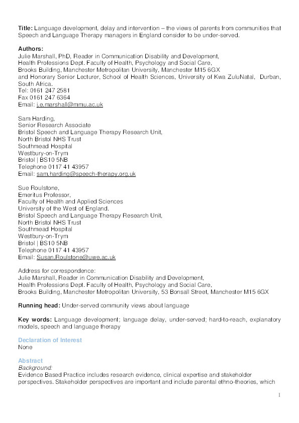 Language development, delay and intervention—the views of parents from communities that speech and language therapy managers in England consider to be under-served Thumbnail