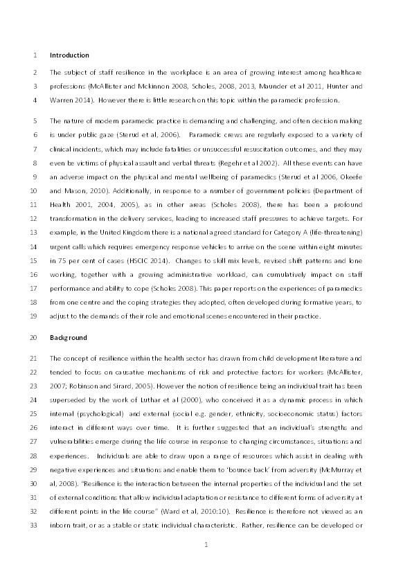 Exploring the nature of resilience in paramedic practice: A psycho-social study Thumbnail