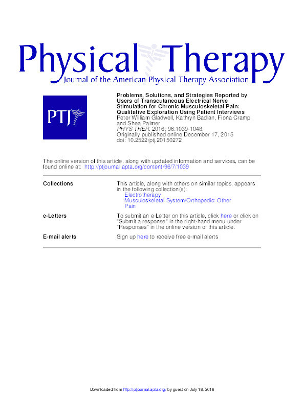 Problems, solutions, and strategies reported by users of transcutaneous electrical nerve stimulation for chronic musculoskeletal pain: Qualitative exploration using patient interviews Thumbnail