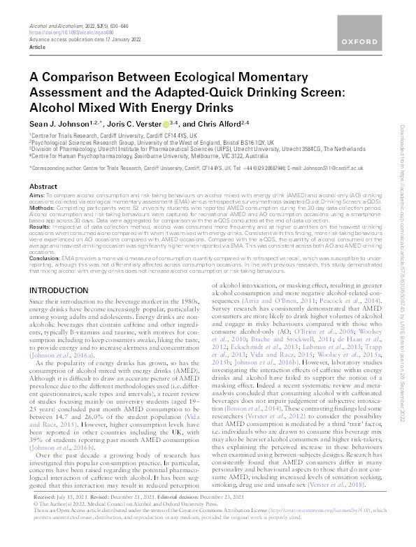 A comparison between ecological momentary assessment and the adapted-quick drinking screen: Alcohol mixed with energy drinks Thumbnail