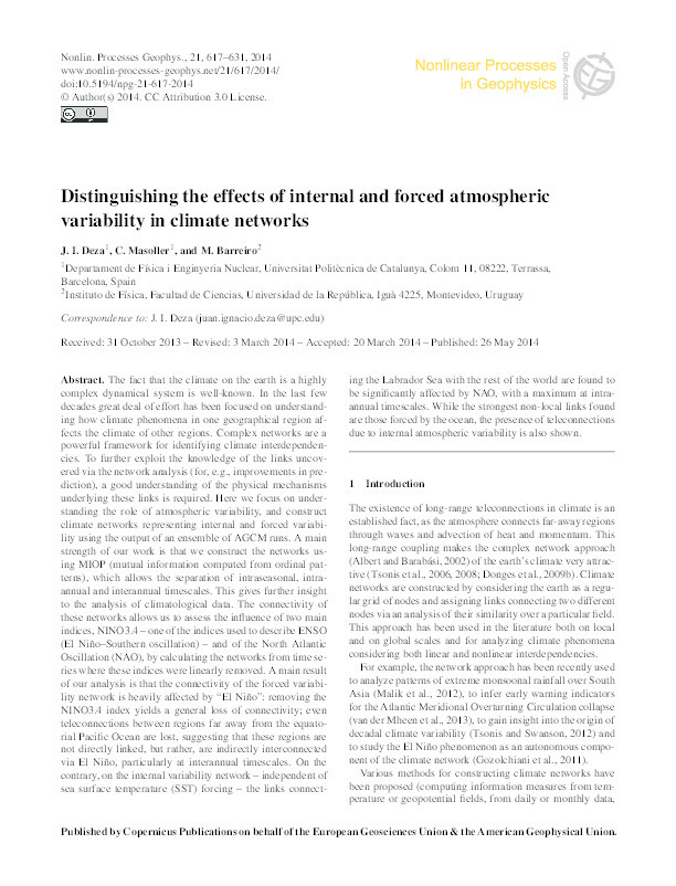 Distinguishing the effects of internal and forced atmospheric variability in climate networks Thumbnail