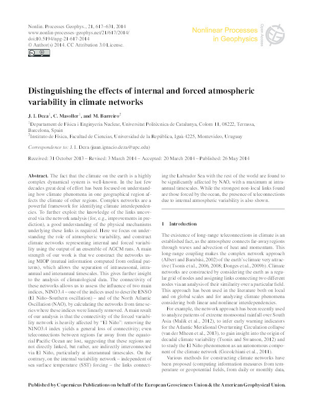 Distinguishing the effects of internal and forced atmospheric variability in climate networks Thumbnail