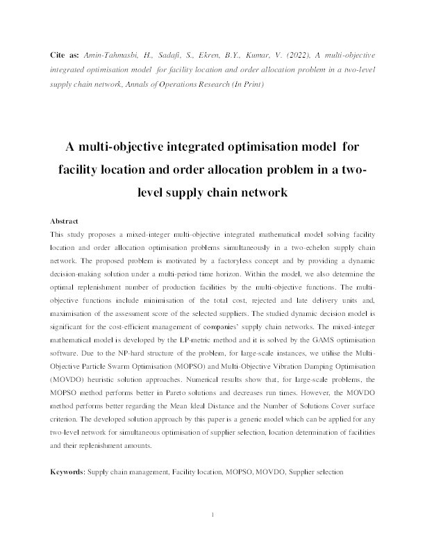 A multi-objective integrated optimisation model for facility location and order allocation problem in a two-level supply chain network Thumbnail