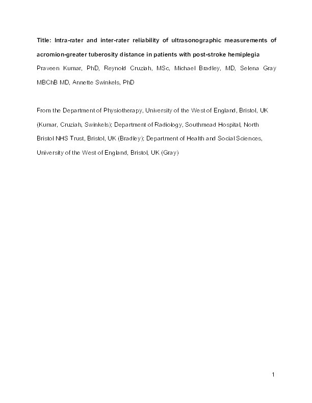 Intra-rater and inter-rater reliability of ultrasonographic measurements of acromiongreater tuberosity distance in patients with post-stroke hemiplegia Thumbnail