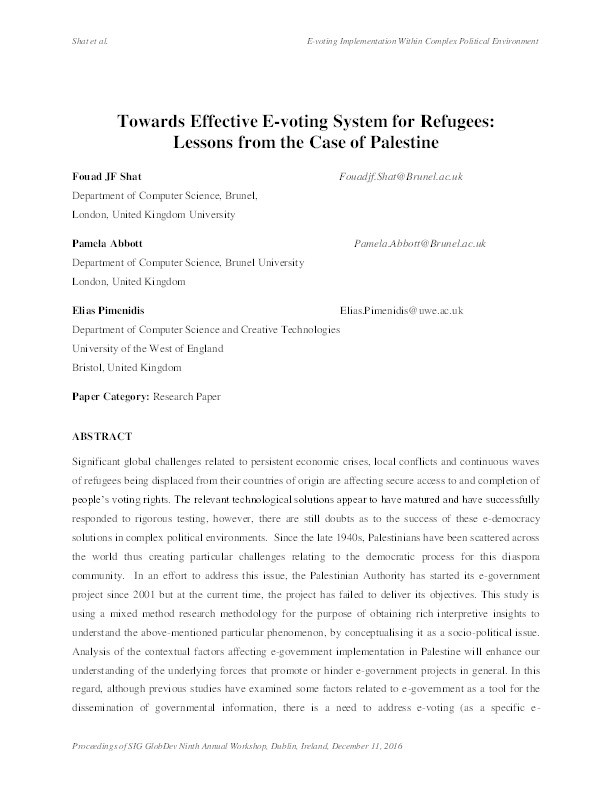 Towards effective e-voting system for refugees: Lessons from the case of Palestine Thumbnail