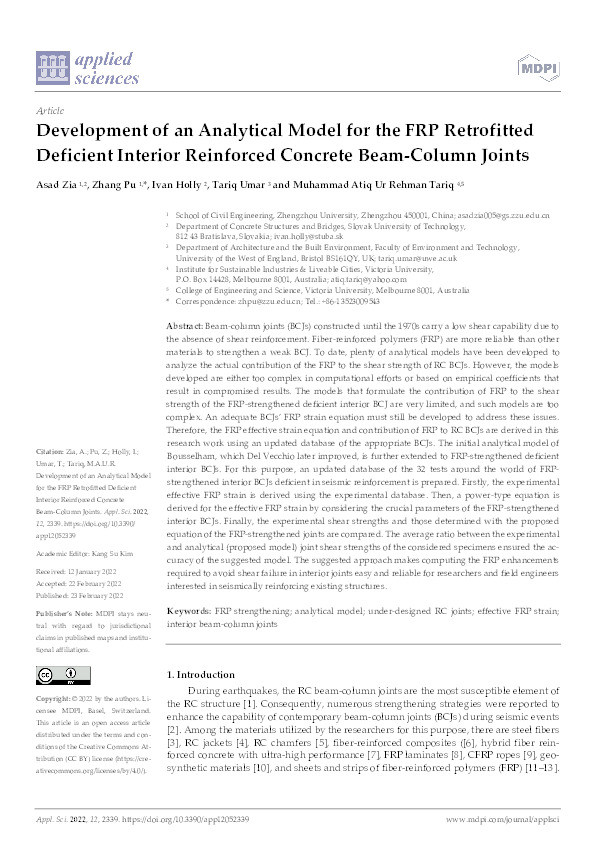 Development of an analytical model for the FRP retrofitted deficient interior reinforced concrete beam-column joints Thumbnail
