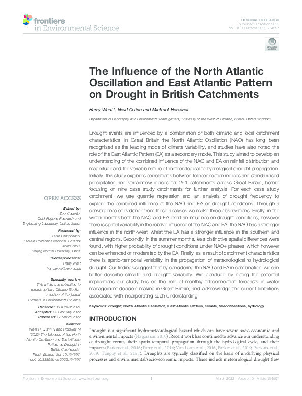 The influence of the North Atlantic oscillation & East Atlantic pattern on drought in British catchments Thumbnail