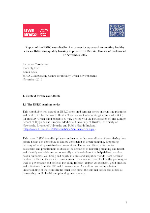 Report of the ESRC roundtable: A cross-sector approach to creating healthy cities – Delivering quality housing in post-Brexit Britain, Houses of Parliament 1st November 2016 Thumbnail