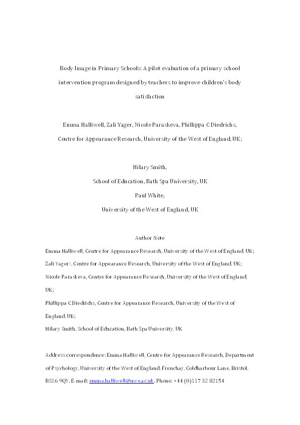 Body Image in Primary Schools: A pilot evaluation of a primary school intervention program designed by teachers to improve children's body satisfaction Thumbnail