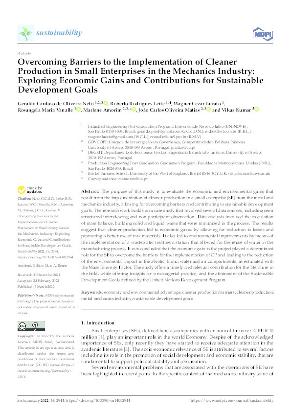Overcoming barriers to the implementation of cleaner production in small enterprises in the mechanics industry: Exploring economic gains and contributions for sustainable development goals Thumbnail