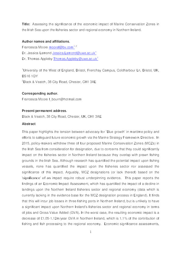 Assessing the significance of the economic impact of Marine Conservation Zones in the Irish Sea upon the fisheries sector and regional economy in Northern Ireland Thumbnail