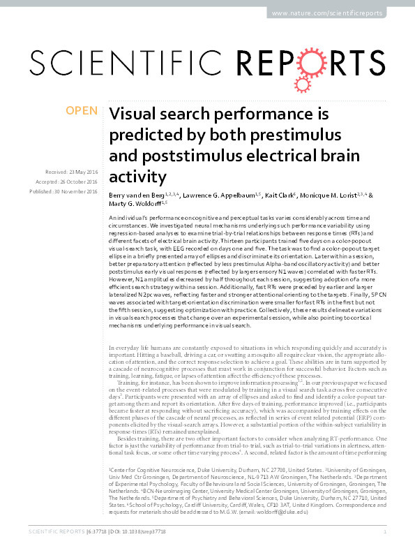 Visual search performance is predicted by both prestimulus and poststimulus electrical brain activity Thumbnail