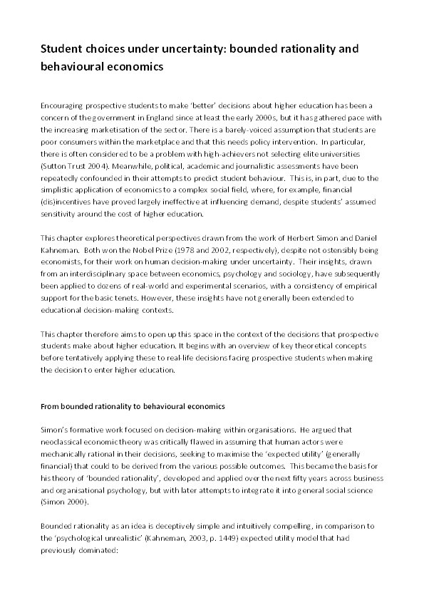 Student choices under uncertainty: Bounded rationality and behavioural economics Thumbnail
