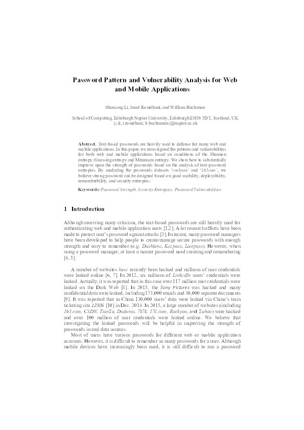 Password pattern and vulnerability analysis for web and mobile applications Thumbnail