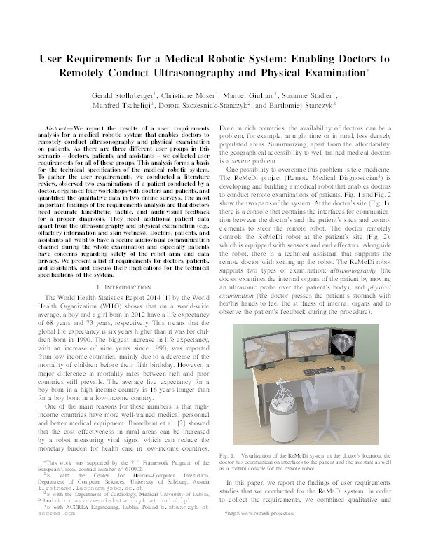 User requirements for a medical robotic system: Enabling doctors to remotely conduct ultrasonography and physical examination Thumbnail