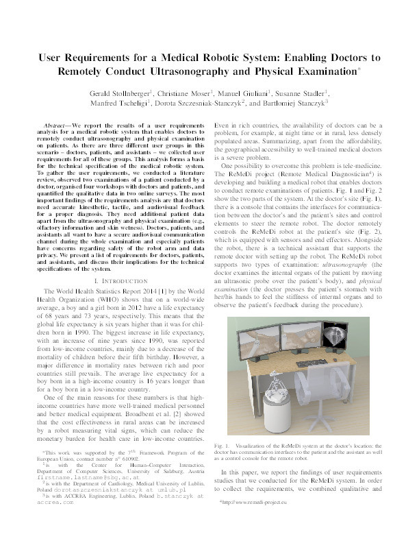User requirements for a medical robotic system: Enabling doctors to remotely conduct ultrasonography and physical examination Thumbnail