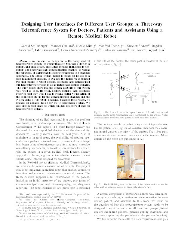 Designing user interfaces for different user groups: A three-way teleconference system for doctors, patients and assistants using a Remote Medical robot Thumbnail
